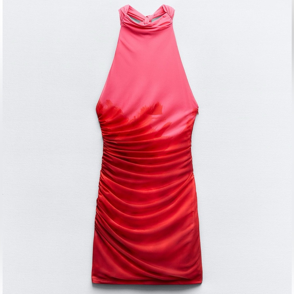 ZARA Printed Tulle Dress - Pink Red - Large